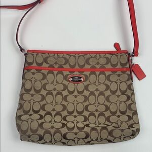 Coach Red Brown Signature C Crossbody Messenger Bag Canvas Leather Trim Creed